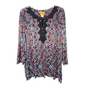 Ruby Rd Geo Print Tunic Top Womens‎ Size 1X Crochet Trim Lace Up Detail Artsy